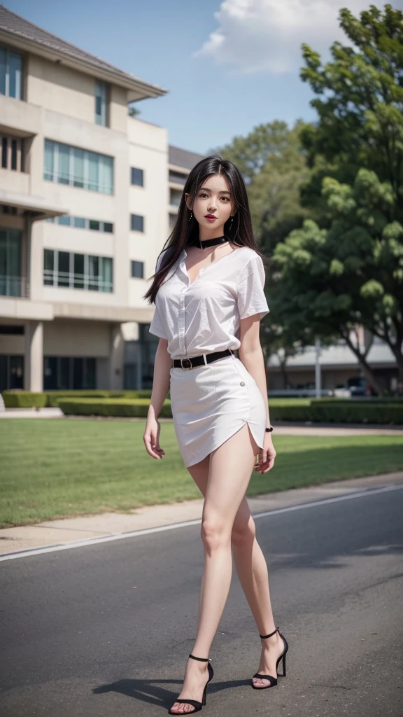 ผู้หญิงญี่ปุ่นที่attractive, attractive, attractiveน่าหลงใหล, Black Hair, I'm scanning in the middle........, long-haired long-hairedมาก......, long straight hair, long-haired, The wind blows..... A bird's-eye view of a beautiful woman.., lifelike texture, Elegant, large boobs, dynamic posture, large boobs, White short-sleeved shirt The shirt is thin and the skin is visible......., The chest is clearly visible........ You can see the chest mound... You will see a pile of milk... Black cylindrical skirt Black cylindrical skirt, Black leather skirt with women's belt, Symmetrical shape, Sexy Shape, pitch black heels, earrings, Put on the watch......Full-body photos, Look at all parts of the body..., university backdrop