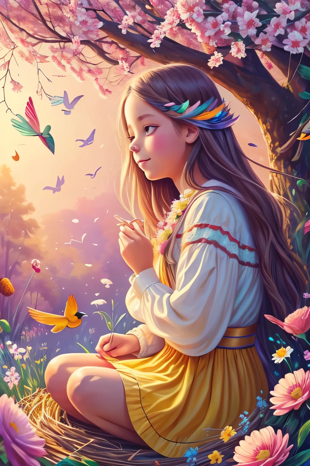 a girl sitting in a nest, surrounded by colorful birds and flowers, enjoying the sunny day(best quality,highres), whimsical and dreamy atmosphere, vibrant colors, soft lighting, detailed feathers and petals, joyful and playful mood, nature-inspired artwork(illustration or painting), magical and enchanting scene