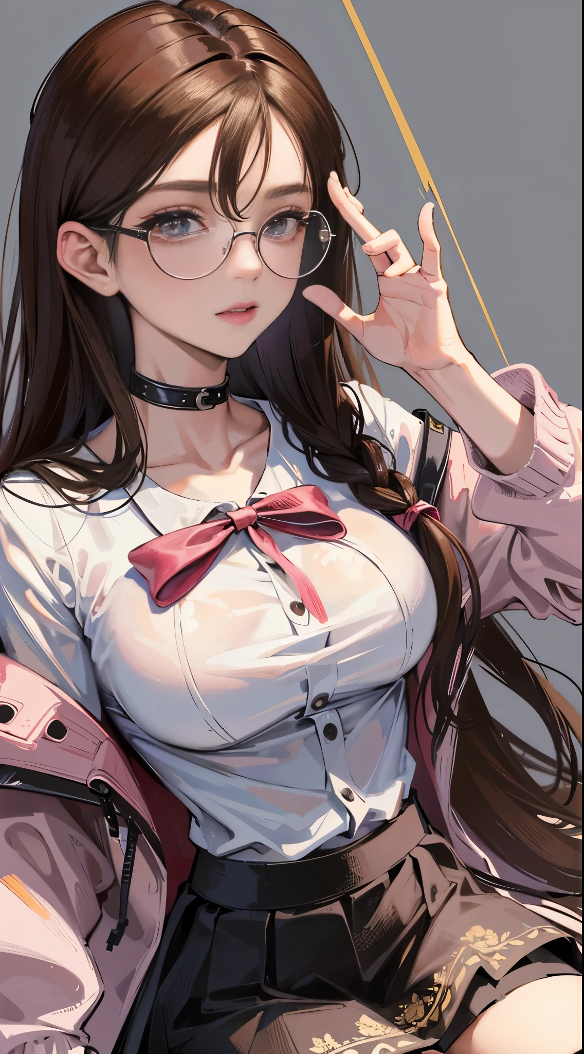 Beautiful italian woman, ((best quality)), ((masterpiece)), ( extreme detailed, highest detailed, official art, beautiful and aesthetic:1.2), oversize t-shirt, ((((skirt)))), choker, big breast, medium body potrait, thighhighs socks, boots, absurdly long hair, hair between eyes, brown hair, pink eyes, (((glasses))),