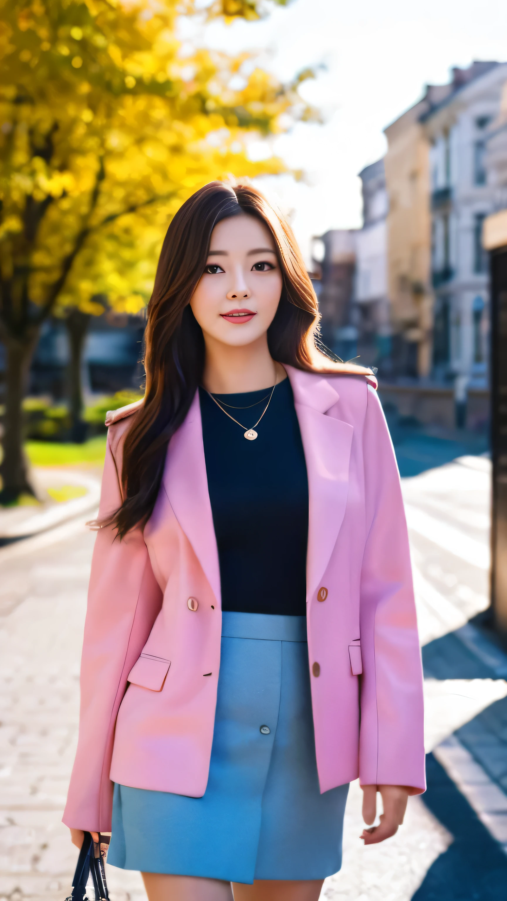 High-definition images、facial details、Full body high-definition engraving、beautiful女性、beautiful、I&#39;m confident in my appearance,Full body high-definition engraving,beautiful若い女性を想像してください, 25 years old, Chestnut hair with bright highlights, bright colors, isometric background, The background of the city is shining, trend art station, 8K, Resolution QLTA Jie Bikin, realistic pictures, pink jacket and blue satin tight skirt，