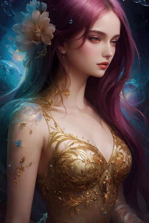 uma pintura de uma mulher em um vestido soprando bolhas, lazy and uau, ethereal bubbles, moebius + lazy + uau, sonhador e detalhado, intricate uau, fantasy closeup with water magic, arte de conto de fadas, pintura de conto de fadas, No estilo de Anna Dittmann, uau art, pintura de fantasia realista, artgerm julie bell beeple