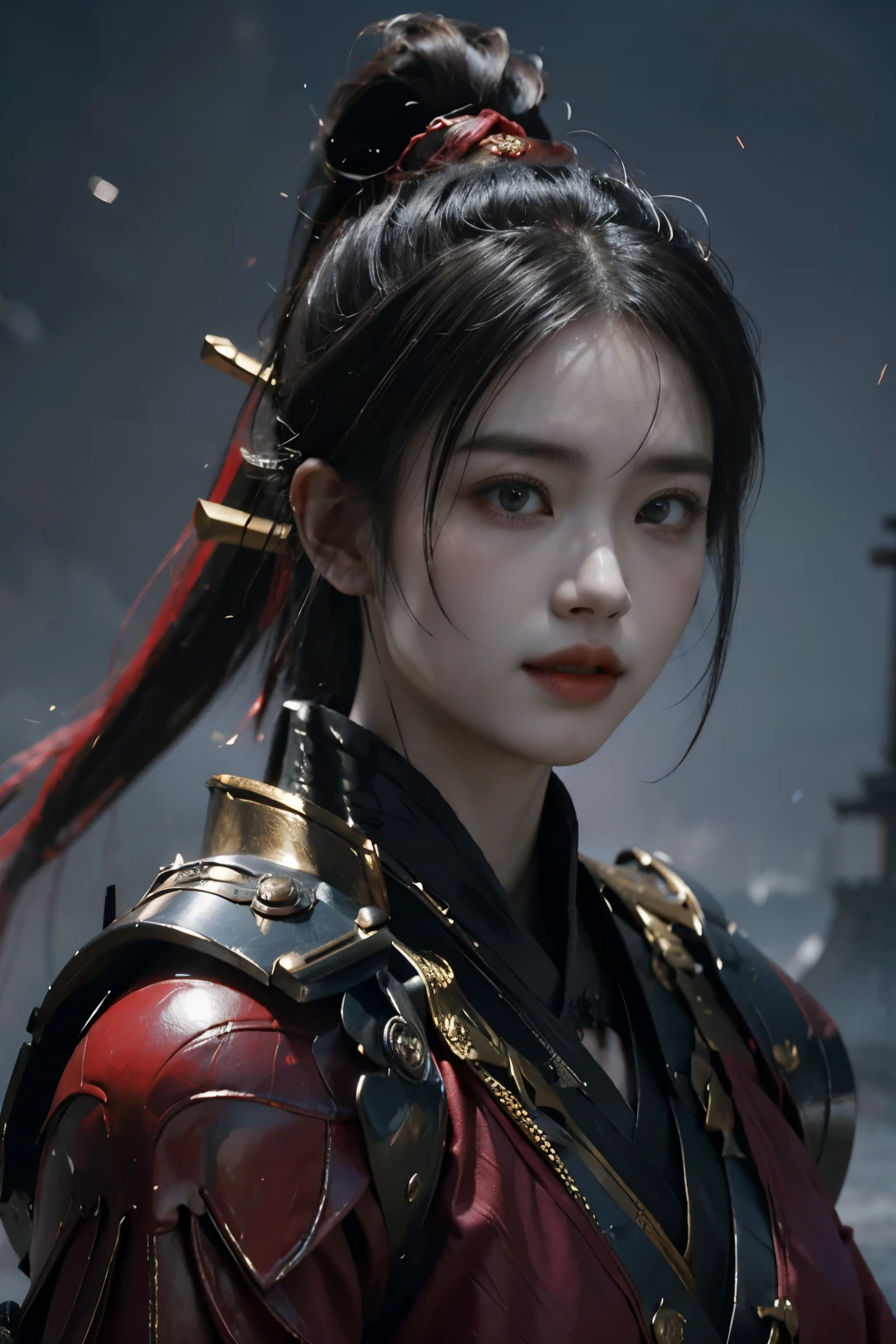 Game art，The best picture quality，Highest resolution，8K，(A bust photograph)，(Portrait from bust:1.5)，(Head close-up)，(Rule of thirds)，Unreal Engine 5 rendering works， (The Girl of the Future)，(Female Warrior)， 
20岁少女，(The warrior in ancient China)，(Short ponytail hairstyle)，An eye rich in detail，(Big breasts)，优雅高贵，冷漠，(Smile)，
(The costume of Chinese swordsman elements，Costumes of ancient Chinese characters，Armor，The costume is red and gold，Heavy armour，Joint Armor)，(Chinese Hanfu:1.3)，人物，奇幻风格，
拍照姿势，野外背景，Movie lights，Ray tracing，Game CG，((3D Unreal Engine))，oc渲染反射纹