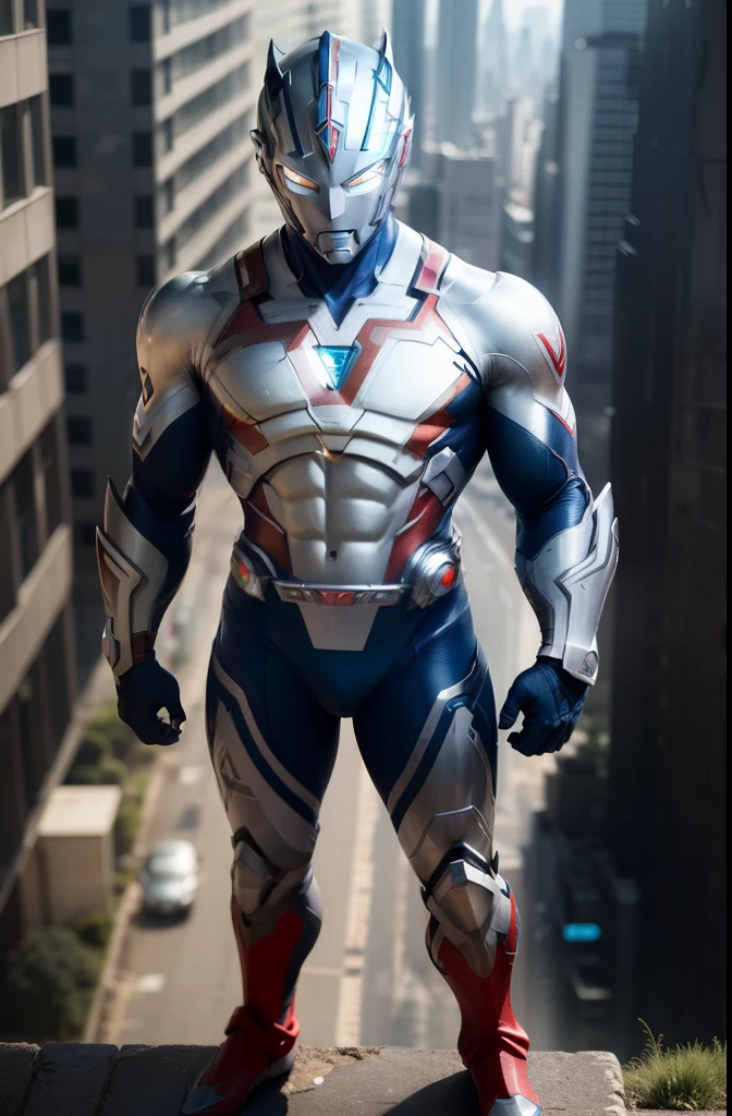 (Masterpiece, Superb Quality, Super Delicate, High Resolution), Male Focus, (((New Ultraman))), ((No Muscles))), (His head is tapered, his body is made of silver and blue, his arms are streamlined, he looks tall and thin, the overall shape is streamlined and modern), (fisting), posing for photos, high angle, dark night, city ruins, background details, (((whole body))), from above, (((sense of greatness)))