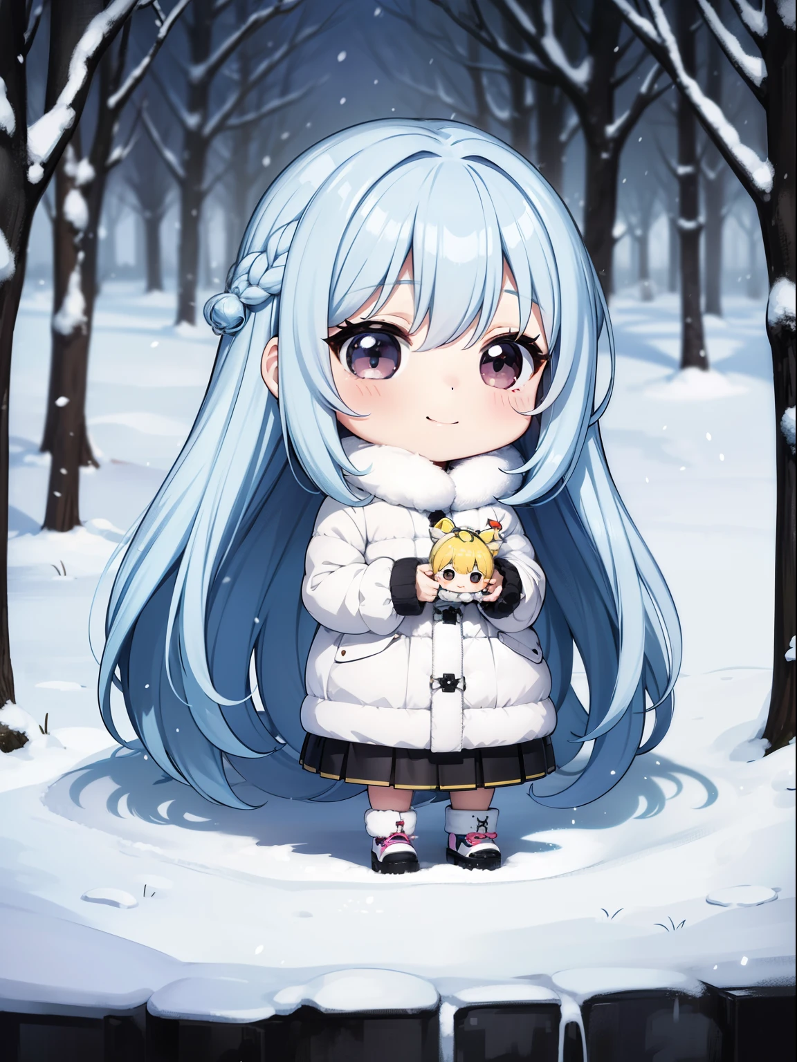 Chibichara Inside the park covered in snow Walking in a yellow dungeon coat I have a miniature schnauzer dog with me. long hair with blue hair((chibi character))、black eyes charming smile、fluffy、with a girl、chibi character、Full body Esbian、Pastel colors hair、highest quality、