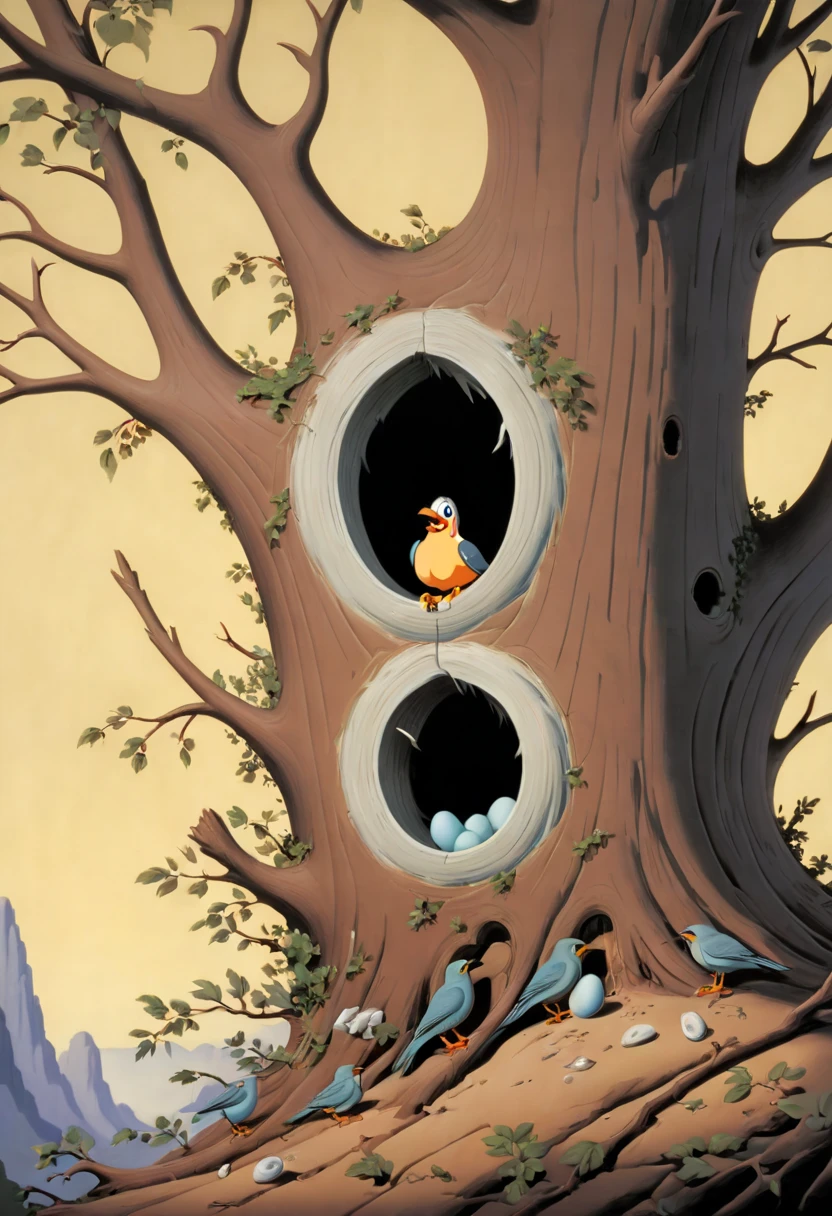 eagle Nest, a hollow place or structure that a bird makes or chooses for laying its eggs in and sheltering its young, by Tex Avery, best quality, masterpiece, 8k