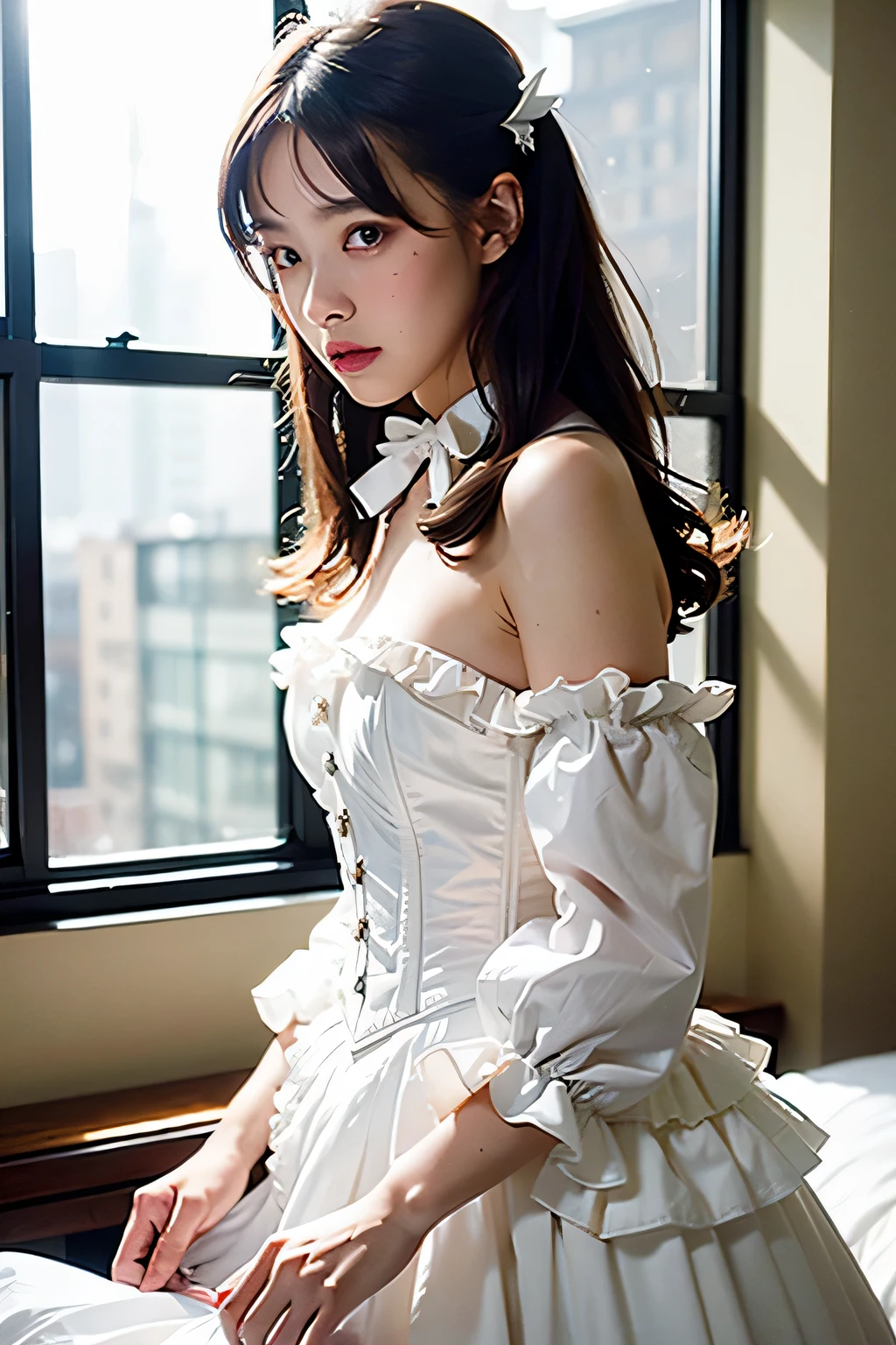 ((table top)),(((highest quality))),((超become familiar withな)),((((realistic)))),((messy hair)),((frills)),(one woman),(alone), (I focus),lipstick,dynamic angle,Big sleeves,floating,美しいbecome familiar with空,Water with beautiful details,beautiful and delicate eyes,exposed,(fist),Expressionless,Side Brand Van,Rabbit between the eyes,ribbon,A bow tie,button,bare shoulders,(((small breasts))),become familiar with,Blanc Stare,pleated skirt,flowers、((White corset suit))、(((By the window in a dimly lit luxury hotel bedroom)))、