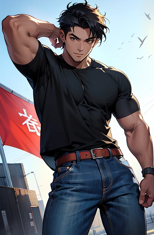 ((highest quality))、((8K))、((High resolution))、((masterpiece))、((Super detailed))、((anime style))、a handsome guy、Handsome young man in anime、((Looking at the camera from the front))、((photo from the waist up))、((standing))、(muscular)、medium sized build、medium height、uneven black hair、Black eyes reminiscent of darkness、(Sharp, strong and well-defined eyes)、natural eyebrows、very short hair、fearless smile、plain black athletic t-shirt、dark blue jeans