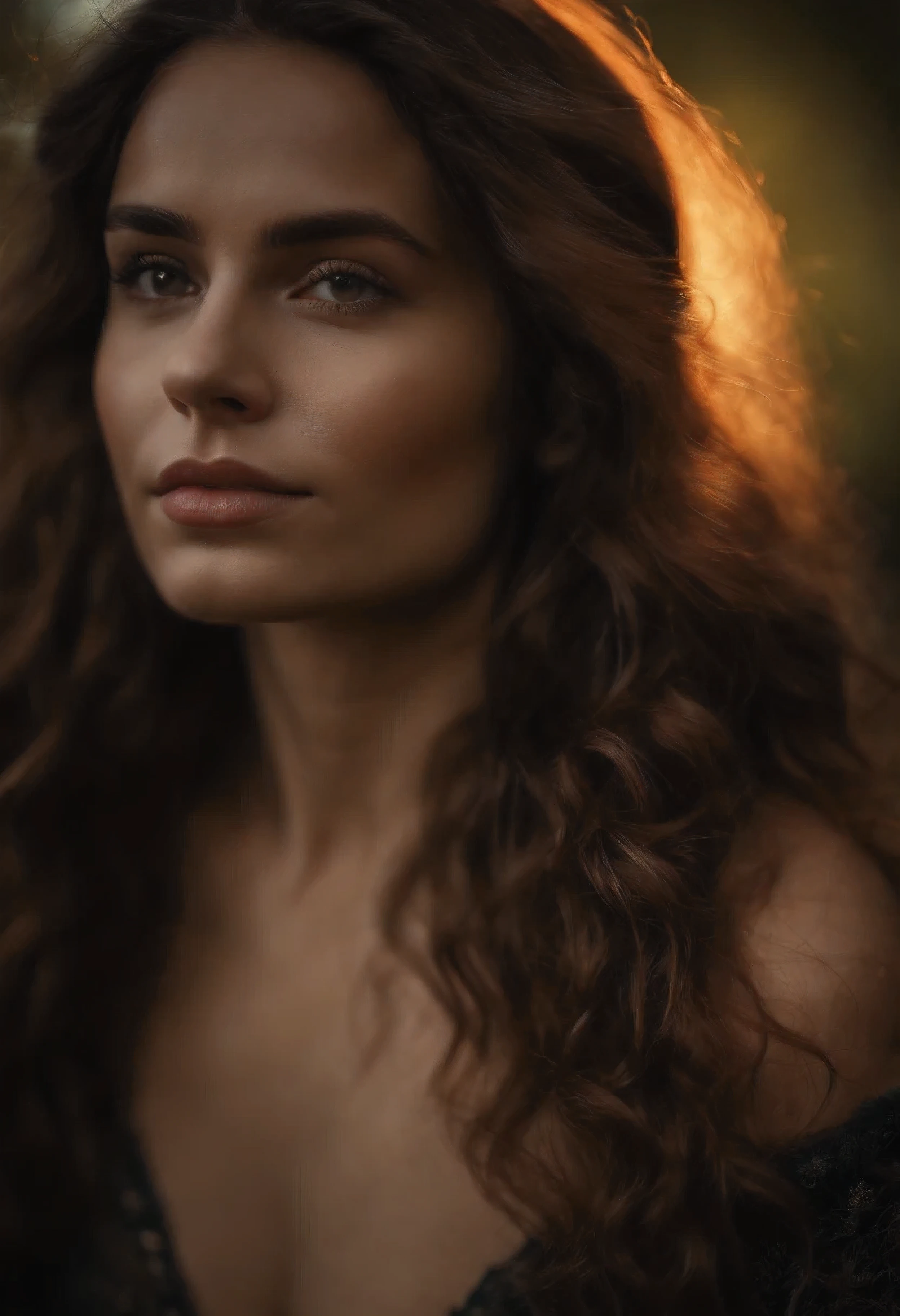 fotografia de retrato de filme, 1 half nude girl, bareshoulders, visible nipples, cabelos ondulados na altura dos ombros, sereno, calmo, (olhos realistas detalhados, textura natural da pele, detalhes realistas do rosto), soft dramatic lighting, profundidade de campo, Bokeh, detalhes vibrantes, finamente detalhado, hiper-realista, Filme 35mm, desfoque nebuloso, Filmg,