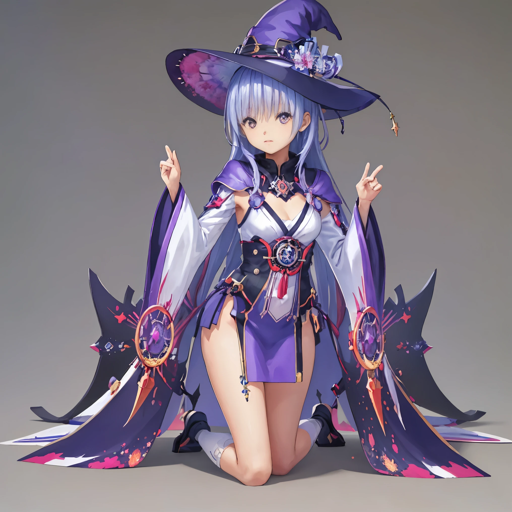 (masterpiece, highest quality, highest quality, official art, beautiful and aesthetic:1.2), (1 girl:1.3), (fractal art:1.3),light purple hair, purple eyes, alone, (kneel down),  (dk, small), (white background), (witch hat), curly, looking at the viewer, with panoramic view, Vision, It begins with the night of the ark., Popular topics on Art Station pixiv, Japanese anime fantasy illustration, author：hero, anime art wallpaper 8k, pixiv style, anime art wallpaper 4k, anime art wallpaper 4k, (pretty background), Ink painting style，pretty colors，Decisive cut，space，master piece， super sophisticated，epic work，expensive、expensive品質，best quality，4K