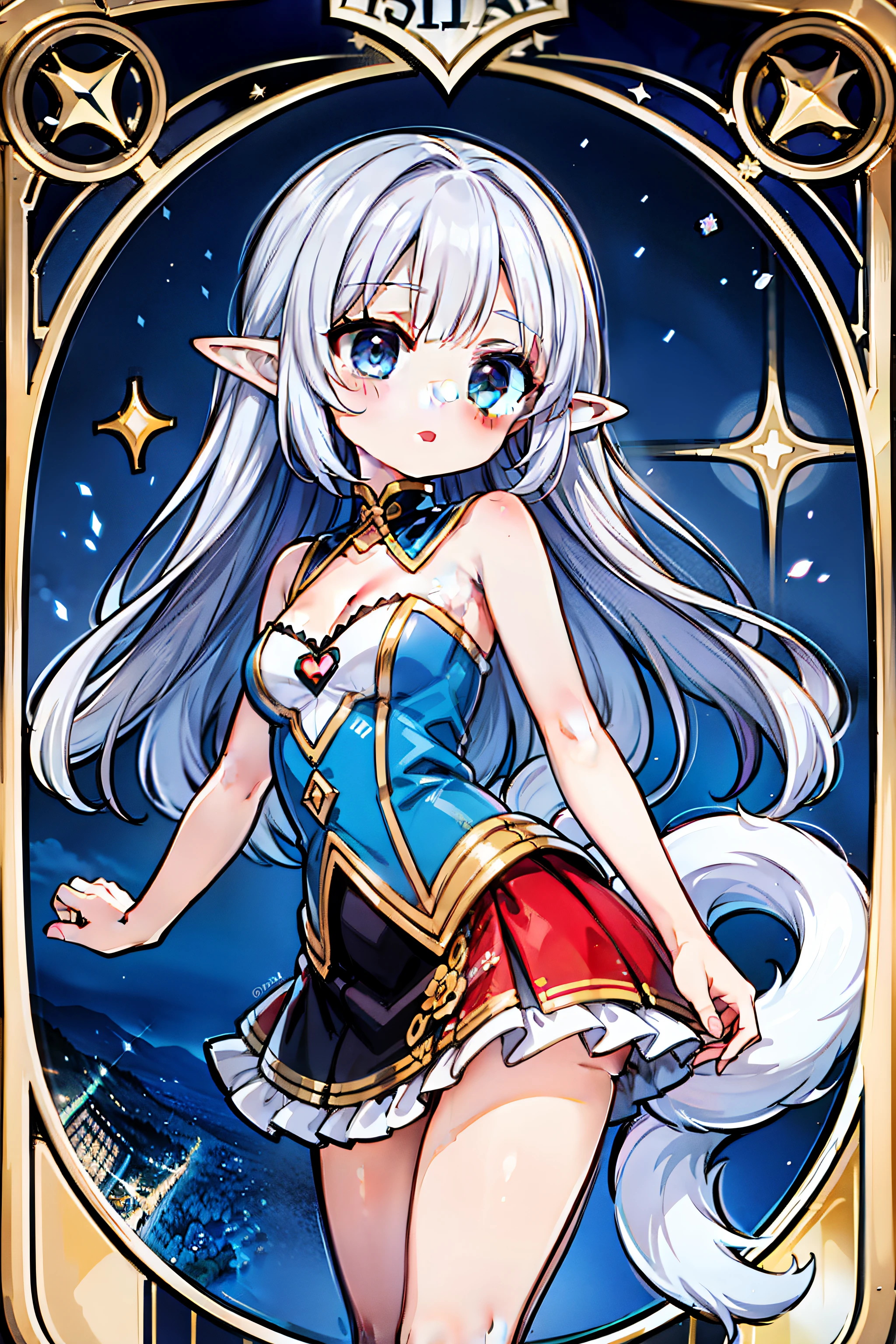 girl，tarot cards，purple，Fluffy skirt，Ruffles，double tail，long hair，tarot cards背景，ornate border，magic，Elf，flat，Lovely