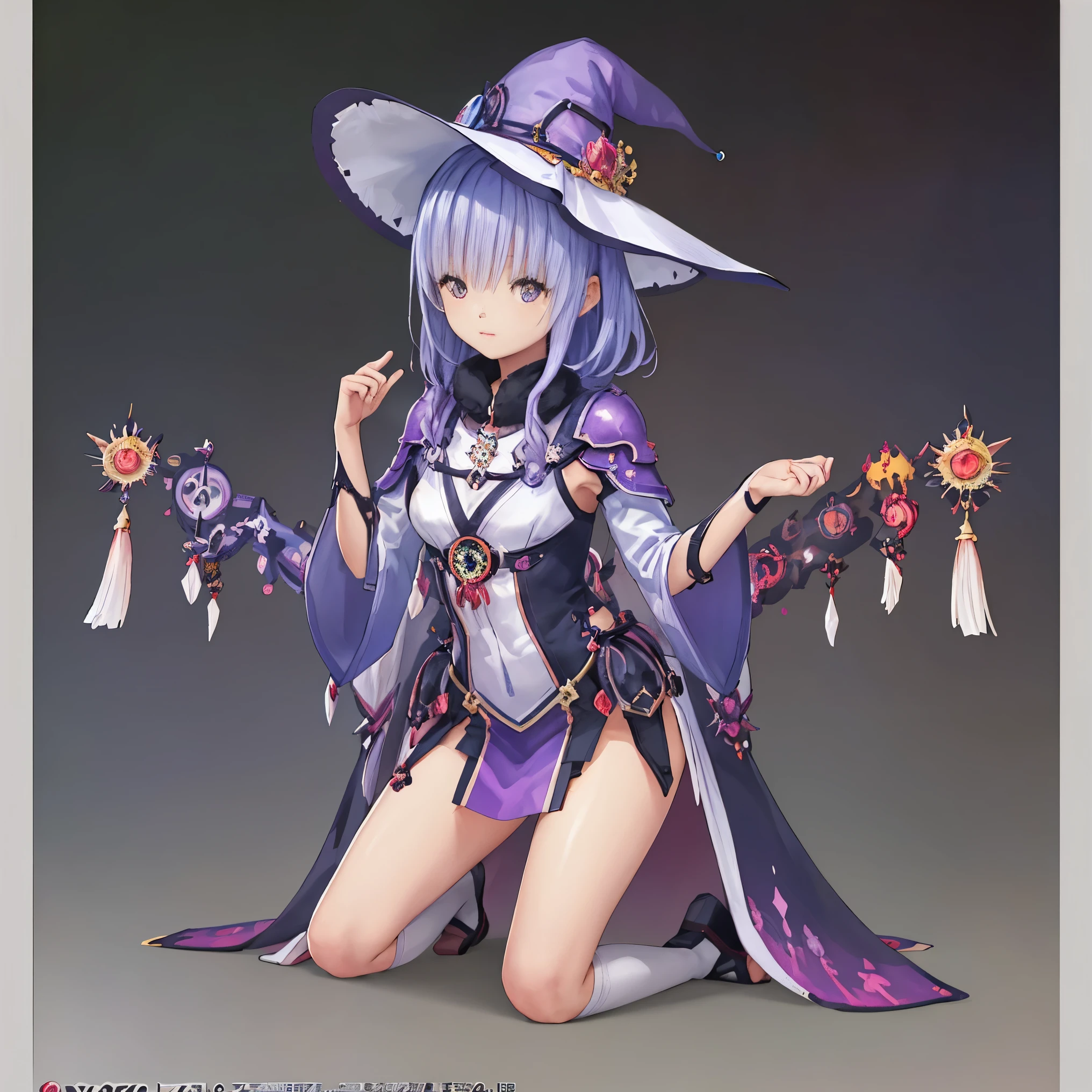 (masterpiece, highest quality, highest quality, official art, beautiful and aesthetic:1.2), (1 girl:1.3), (fractal art:1.3),light purple hair, purple eyes, alone, (kneel down),  (dk, small), (white background), (witch hat), curly, looking at the viewer, with panoramic view, Vision, It begins with the night of the ark., Popular topics on Art Station pixiv, Japanese anime fantasy illustration, author：hero, anime art wallpaper 8k, pixiv style, anime art wallpaper 4k, anime art wallpaper 4k, (pretty background), Ink painting style，pretty colors，Decisive cut，space，master piece， super sophisticated，epic work，expensive、expensive品質，best quality，4K