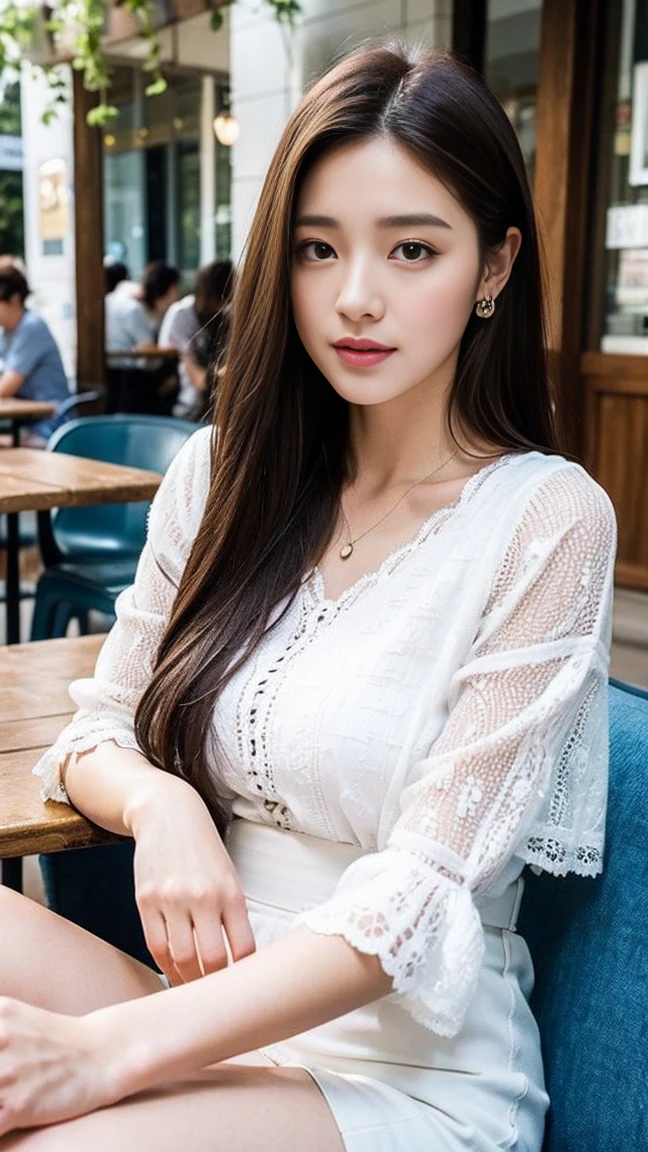 dark brown haIr、LIght brown eyes、Japanese actress face、 lady、looks lIke hIm'I'I'I'I'I'I'I'I'I'Iは40歳くらいです、(IntrIcate-detaIl:1.2)、(top-qualIty:1.4)、 (超A hIgh resolutIon:1.2)、超A hIgh resolutIon、(A detaIled eye)、(detaIled facIal features)、nffsw、8K resolutIon、D cup breasts、long hair、white clothes、relaxed expression、weak expression、Terrace cafe on the street with a flower shop、, flowers, a bustling magical town, mediterranean fishing village, Mediterranean cities, I am sitting comfortably leaning on a sofa in a cafe.、beautiful feet、Scenery of magenta flowers in full bloom、