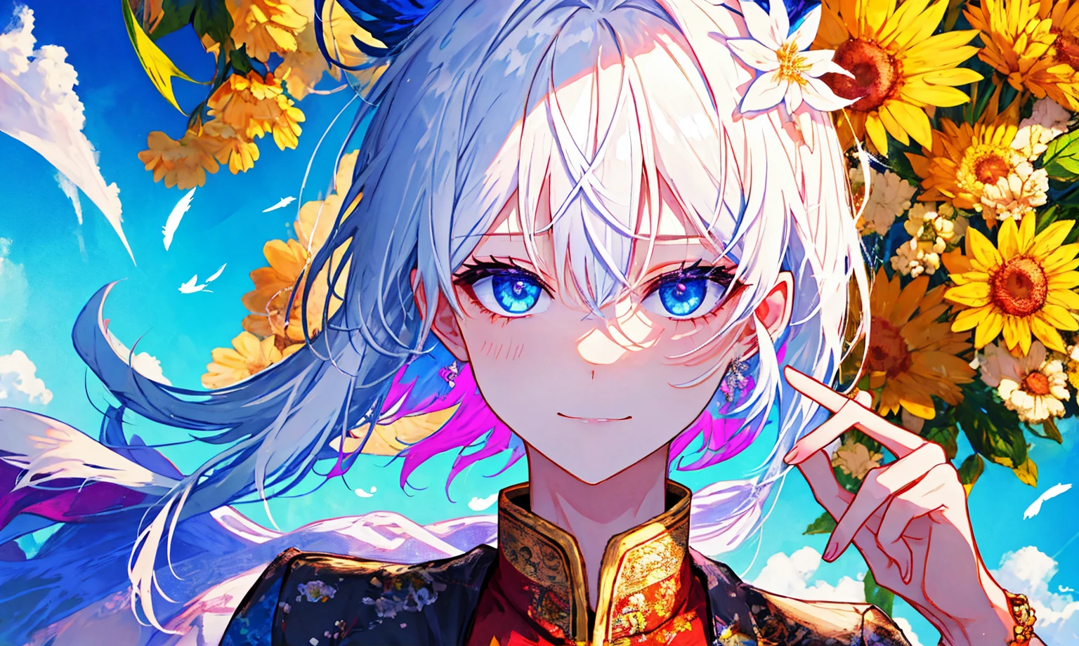 (boy), solo, (perfect face), (detailed outfit), hand in hair, (happy face), (closed mouth), white hair, hair between the eyes, bangs, long hair, blue eyes, light skin, flatchested, (feather ornament), outdoor, (beautiful sky), (clouds), (sun), (bright), (effects), (masterpiece), (best quality), (sharp focus), (depth of field), (high res), (colorful:1.2), vivid, (beautiful lighting),