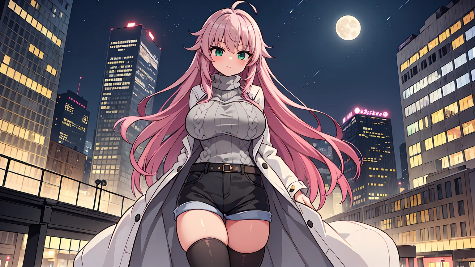 (masterpiece,best quality, detailed,hires:1.4),portrate,1girl,standing,,(solo:1.4),detailed background,new york,downtown street,messy background,winter city scape,lined with modern skyscrapers,(street:1.3),(big moon,detailed full moon,night sky,wide sky,fine sky),BREAK,super dericate hair,ahoge,pink hair,long hair,detailed face,(green eyes),beautiful detailed eyes,sparkling eyes,big eyes,tareme,bloom,glowing,glowing skin,(colossal breast:1.4),BREAK,(put on white long coat,with white fur:1.4),BREAK, (gray turtleneck sweater:1.48),BREAK,(denim short shorts:1.2), (black stockings:1.4),(brown long boots:1.2),close up breast,(happy:1.4),blush,(head to crotch,below the knee and feet are out of sight:1.4),from below,