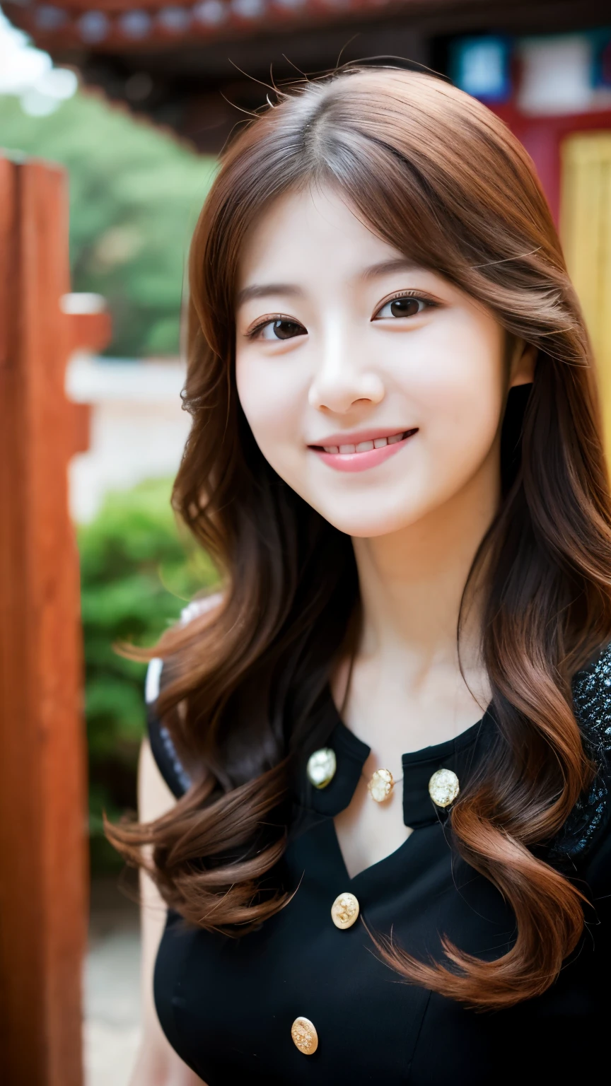 UHD, Extreme close-up of cute Korean female,Chest size 32 inches, wavy hair, slightly smile, wearing black qipao, standing in chinese shrine, bokeh background