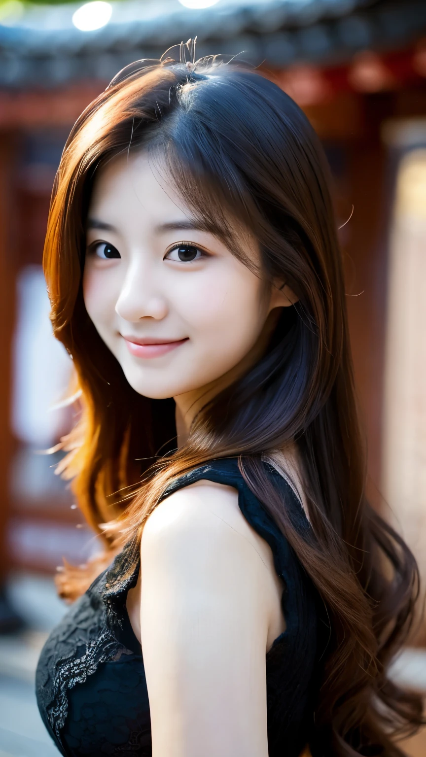 UHD, Extreme close-up of cute Korean female,Chest size 32 inches, wavy hair, slightly smile, wearing black qipao, standing in chinese shrine, bokeh background