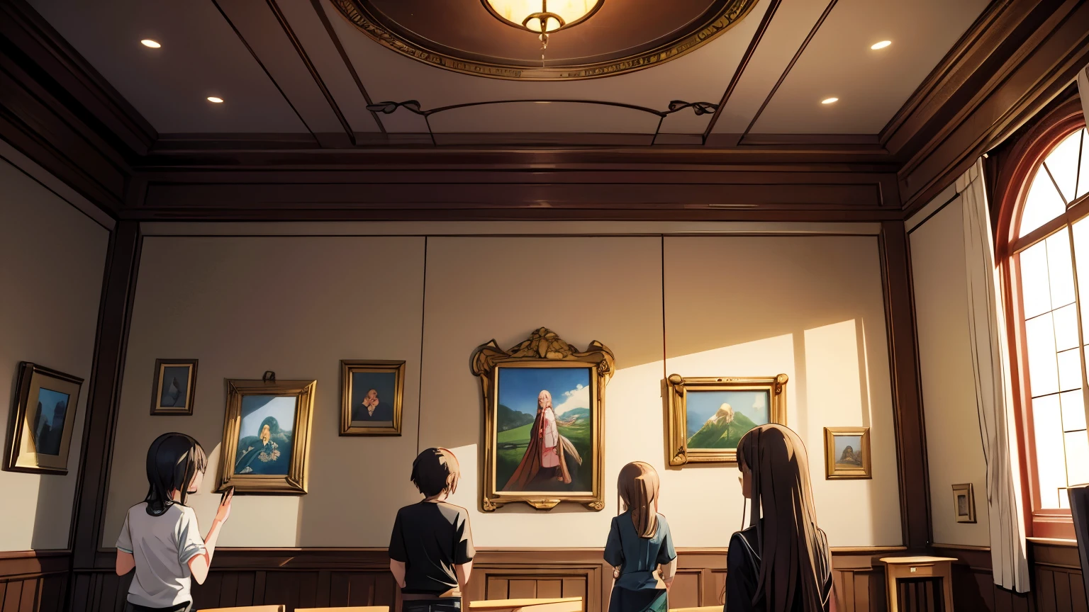 Anime, (masterpiece:1.2), inside art studio with a lot of paintings, a lot of people looking at the paintings, 