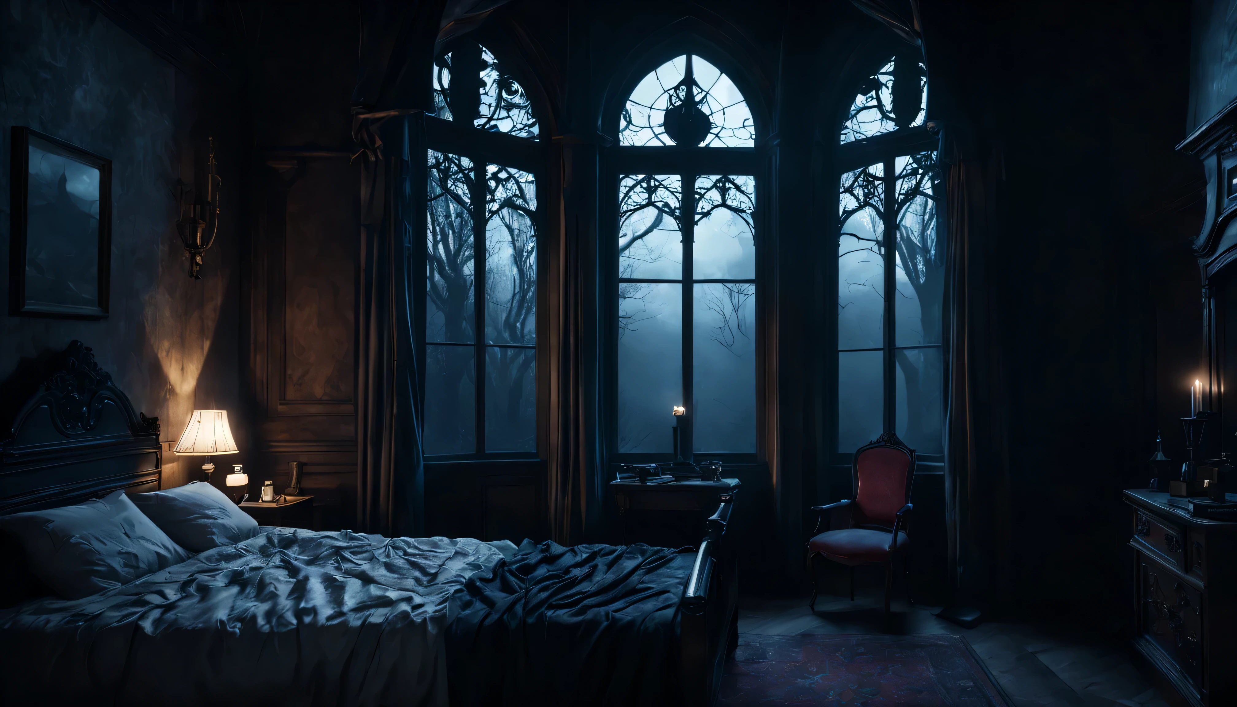 Quarto em um castelo vitoriano assombrado com janela perto da cama. it&#39;s night. cinematographic, 8k, realista.