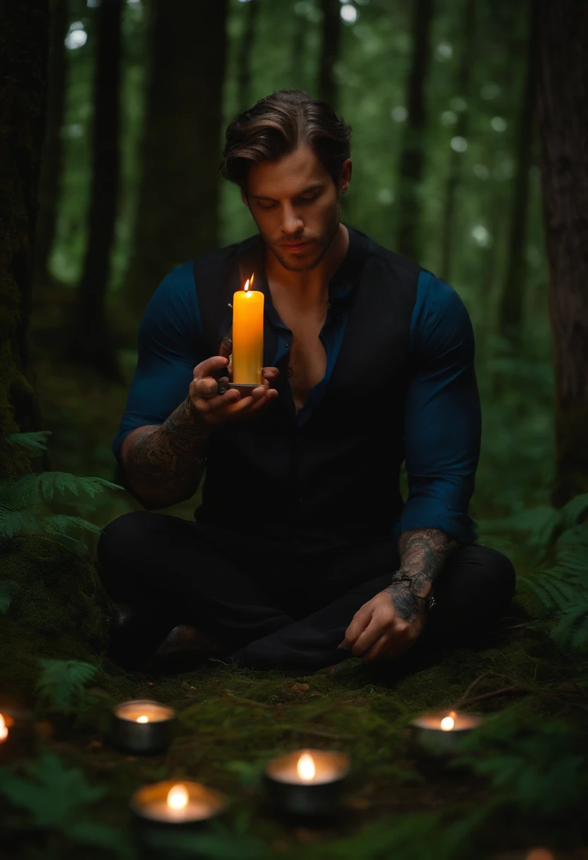 Homem nu mim lado com flores e velas. Magic ritual in the forest. tatuagens de flores. Ruivo. Ultra realista. Forte alto molhado. Calma e serenidade. Cabelos longos ruivos
