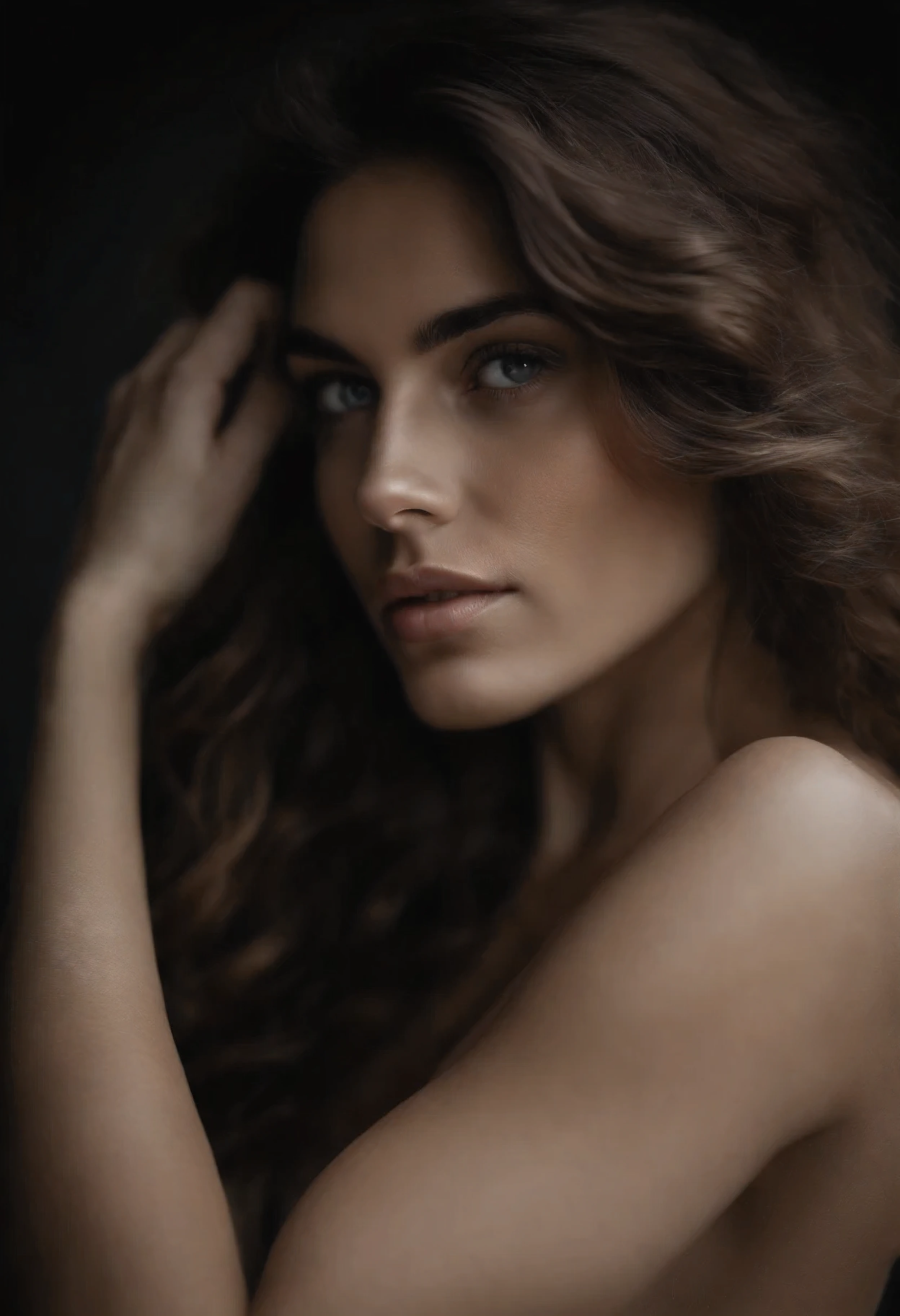 fotografia de retrato de filme, 1 half nude girl, bareshoulders, visible nipples, cabelos ondulados na altura dos ombros, sereno, calmo, (olhos realistas detalhados, textura natural da pele, detalhes realistas do rosto), soft dramatic lighting, profundidade de campo, Bokeh, detalhes vibrantes, finamente detalhado, hiper-realista, Filme 35mm, desfoque nebuloso, Filmg,