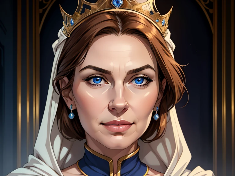 masterpiece, best quality, realistic, 1woman, mature female, quiet and charming woman, 25 year old, a smirk, closed mouth, slim face, white skin, portrait, extremely detailed face, cold and smirk, ((blue eyes)), (( light Brown hair)), [thin eyebrows], dark palace, ((queen)), dim light, evil, Ballroom background