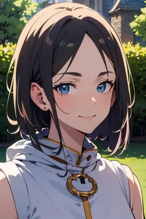 elfa nova, cabelo branco, olhos roxos, vestindo um manto real branco e roxo, outside a mansion, dia, Realistic lighting, obra de arte, alto detalhe, olhos detalhados, rosto detalhado, Sorrindo suavemente, arte de anime medieval