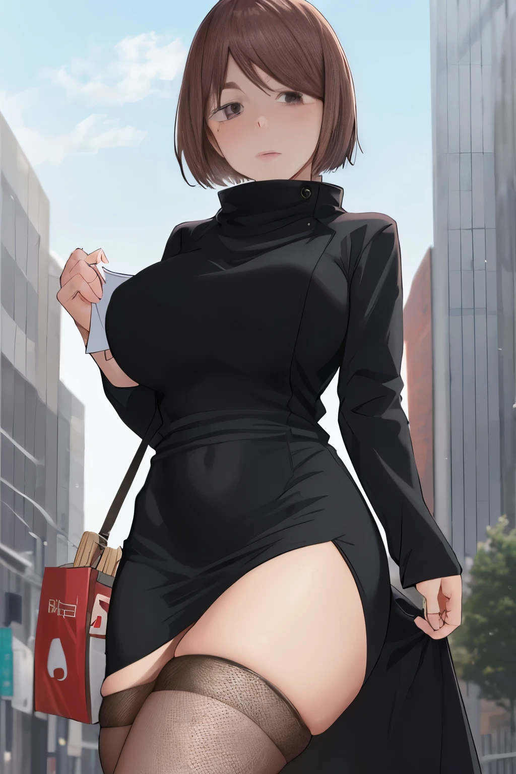 masterpiece, 最high quality, high quality,
outdoor, street,
looking at the viewer,
1 female, black dress, Jujutsu Kaise、Shoko Ieiri big breasts、stockings