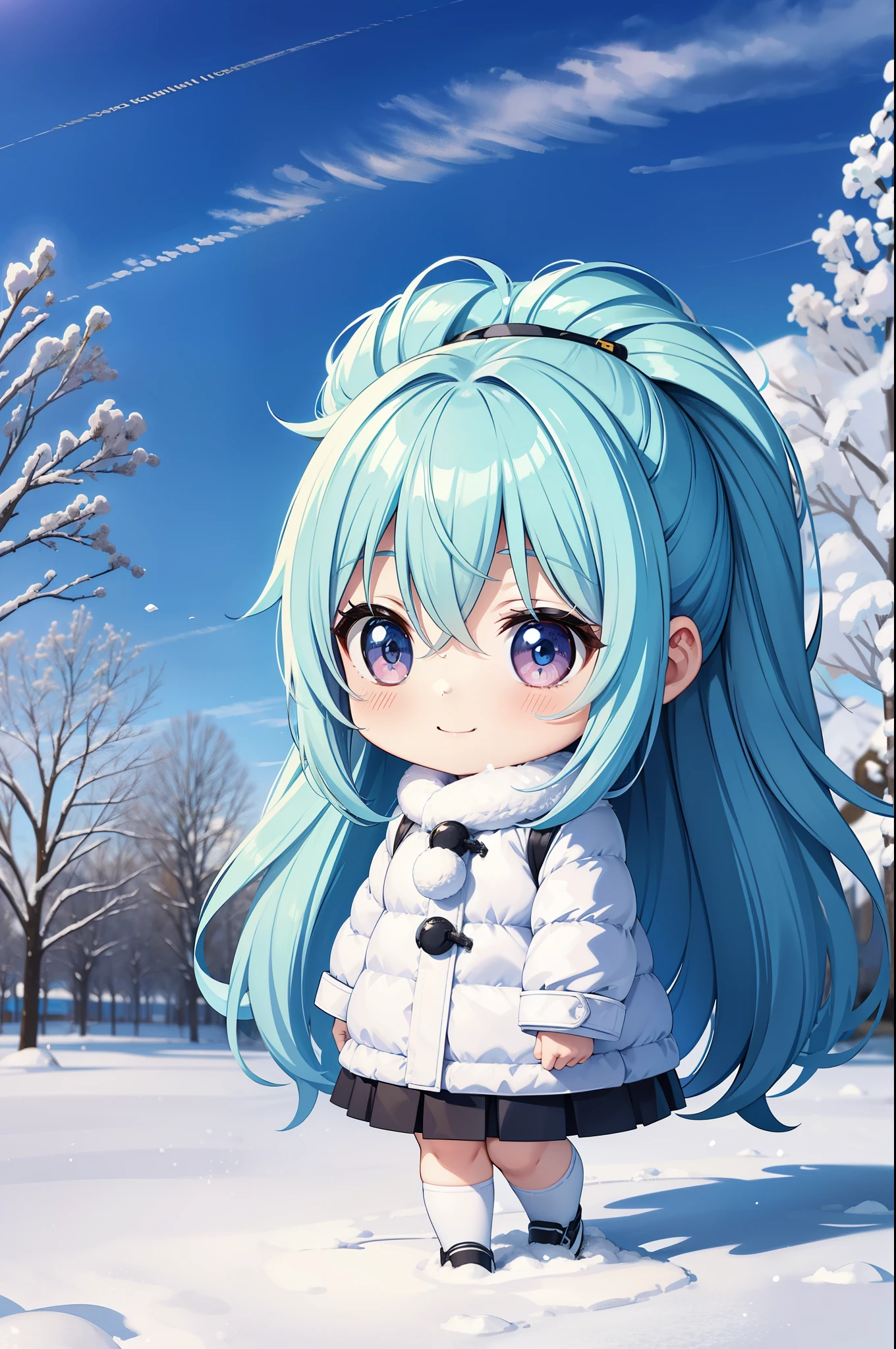 Chibichara　blue sky　Inside the park covered in snow　Taking my dog for a walk wearing a yellow dungeon coat　　long hair with blue hair((chibi character))、black eyes　charming smile、fluffy、with a girl、chibi character、Full body Esbian、Pastel colors hair、highest quality、