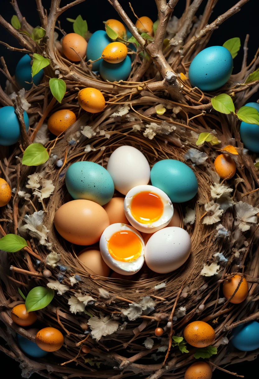 bird Nest, eggs, night, panoramic, Ultra high saturation, bright and vivid colors, (best quality, masterpiece, Representative work, official art, Professional, 8k)