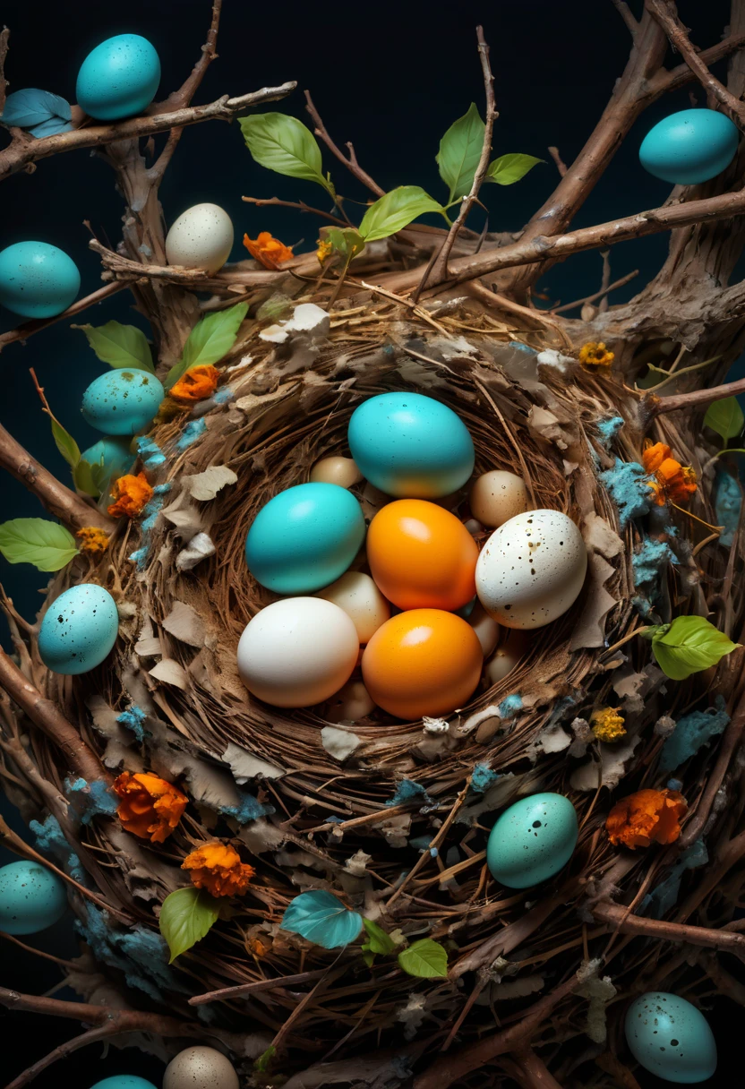 bird Nest, eggs, night, panoramic, Ultra high saturation, bright and vivid colors, (best quality, masterpiece, Representative work, official art, Professional, 8k)