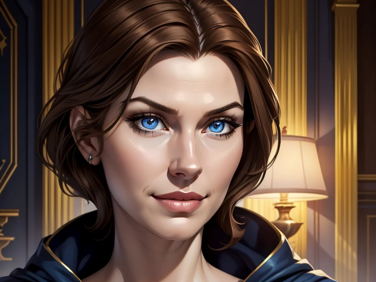 masterpiece, best quality, realistic, 1woman, mature female, quiet and charming woman, 25 year old, a smirk, closed mouth, slim face, white skin, portrait, extremely detailed face, cold and smirk, ((blue eyes)), (( light Brown hair)), [thin eyebrows], dark palace, ((princess)), dim light, evil, Ballroom background