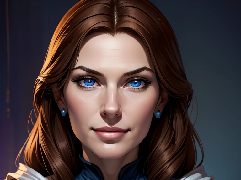 masterpiece, best quality, realistic, 1woman, mature female, quiet and charming woman, 25 year old, a smirk, closed mouth, slim face, white skin, portrait, extremely detailed face, cold and smirk, ((blue eyes)), (( light Brown hair)), [thin eyebrows], dark palace, ((princess)), dim light, evil, Ballroom background