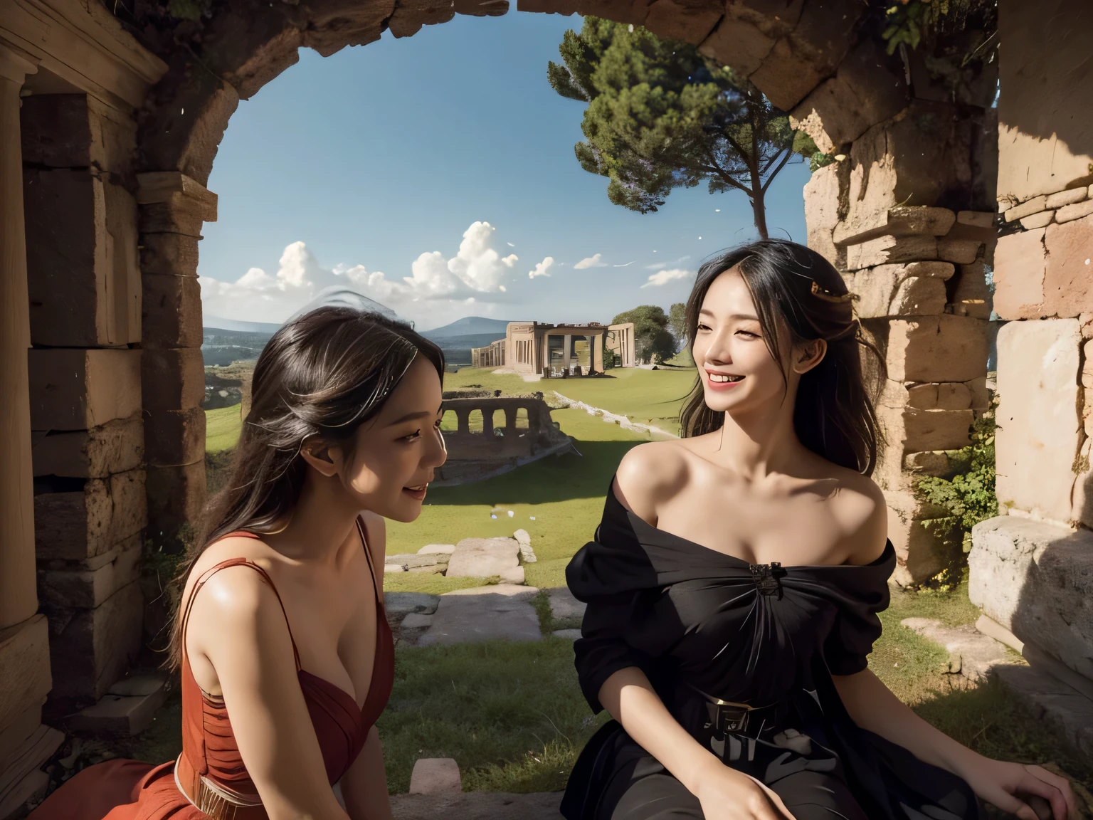 Ancient Roman ruins,Poussin-style landscape,A smile,,Sweet and seductive appearance.、Caravaggio's paintings、Chiaroscuro of Caravaggio、Hair disheveled in the wind,Two women frolicking,Cute smile, Expression of ecstasy,A sexy,Erotic 