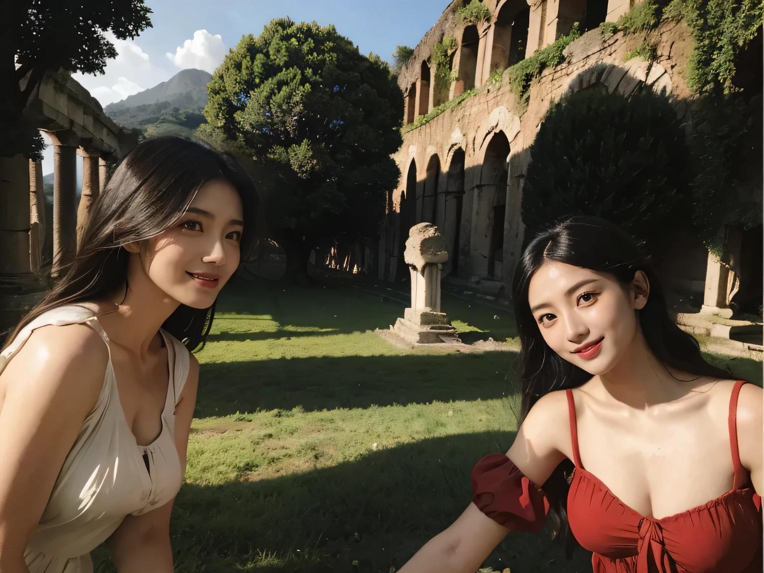 Ancient Roman ruins,Poussin-style landscape,A smile,,Sweet and seductive appearance.、Caravaggio's paintings、Chiaroscuro of Caravaggio、Hair disheveled in the wind,Two women frolicking,Cute smile, Expression of ecstasy,A sexy,Erotic 