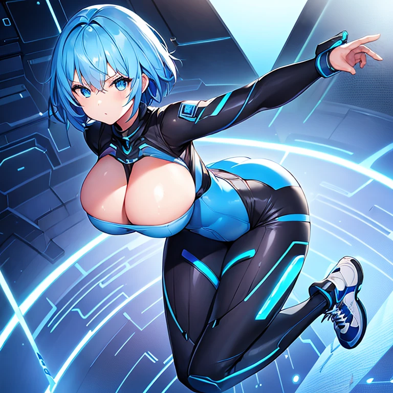 1girl, wide hips, large breasts, wide hips, blue hair, short hair, very short hair, blue eyes, bodysuit, black bodysuit, futuristic, machinery, science-fiction, tech, shoes, sneakers, neon trim, blue neon trim