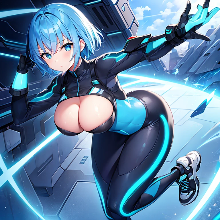 1girl, wide hips, large breasts, wide hips, blue hair, short hair, very short hair, blue eyes, bodysuit, black bodysuit, futuristic, machinery, science-fiction, tech, shoes, sneakers, neon trim, blue neon trim