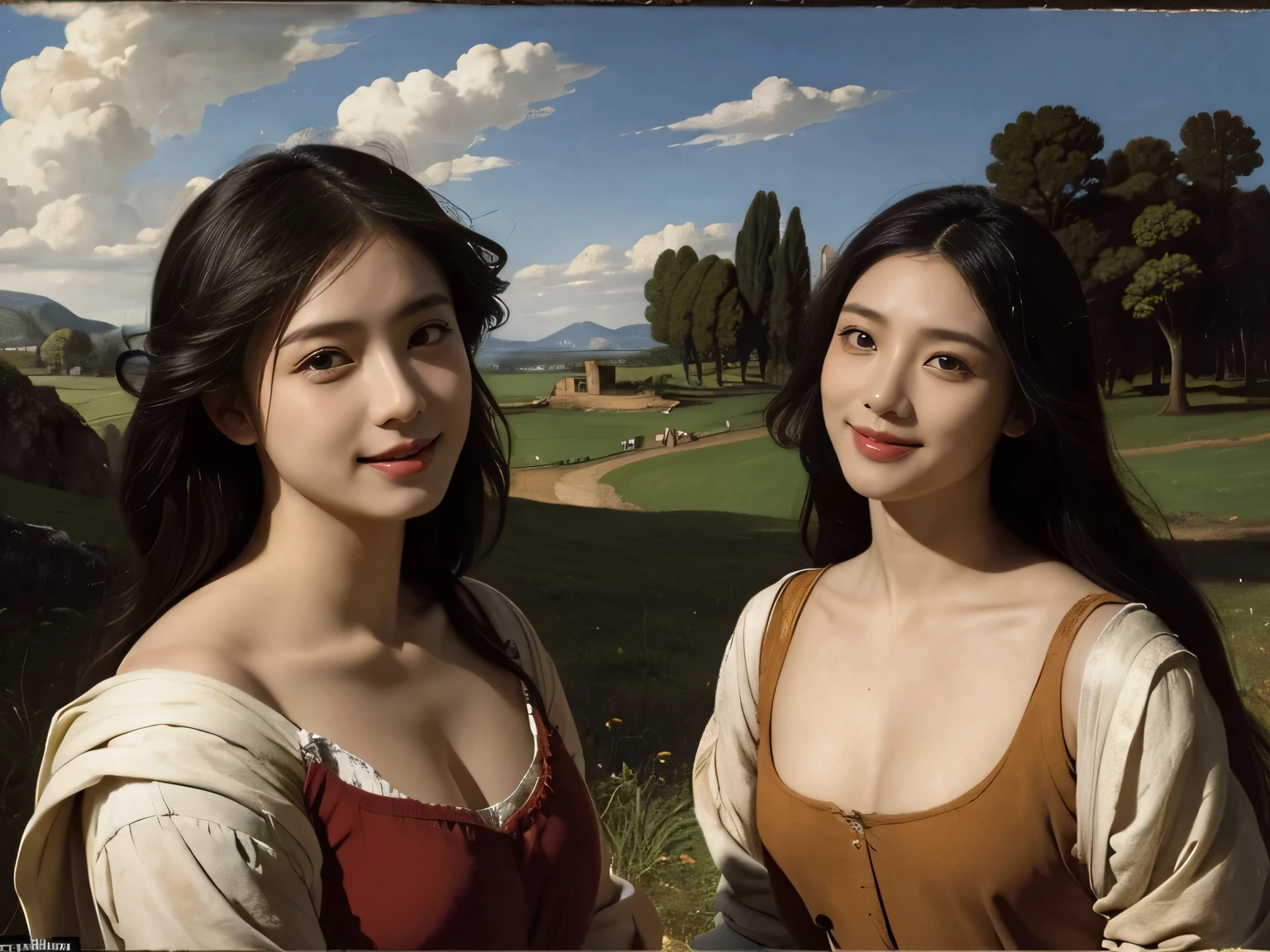 Ancient Roman ruins,Poussin-style landscape,A smile,,Sweet and seductive appearance.、Caravaggio's paintings、Chiaroscuro of Caravaggio、Hair disheveled in the wind,Two women frolicking,Cute smile, Expression of ecstasy,A sexy,Erotic 