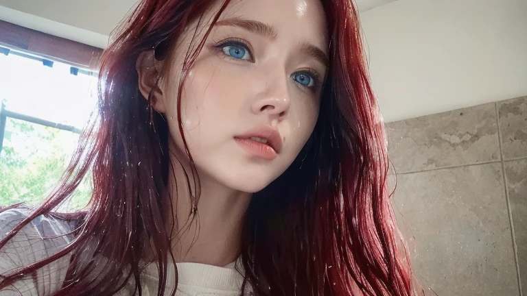 4 Beautiful handsome woman, ((top quality, 8k, masterpiece:1.retty woman, 1woman, huge breasts:1.3, slender figure:1.1, elastic red long hair, (shower, wet body, wet clothes:1.1), very detailed face, detailed lips, detailed eyes, double eyelids, detailed blue eyes, extremely detailed outstanding blue eyes, red wet hair, red wet hair, detailed outstanding BLUE EYES, innocent stare at the viewer, extremely wet wavy red hair, detailed outstanding BLUE EYES, raining outside