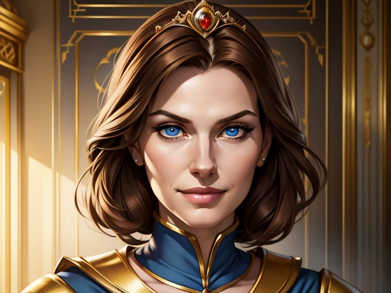 masterpiece, best quality, realistic, 1woman, mature female, quiet and charming woman, 25 year old, a smirk, closed mouth, slim face, white skin, portrait, extremely detailed face, cold and smirk, ((blue eyes)), (( light Brown hair)), [thin eyebrows], gold outfit, dark palace, ((princess)), dim light, evil, Ballroom background