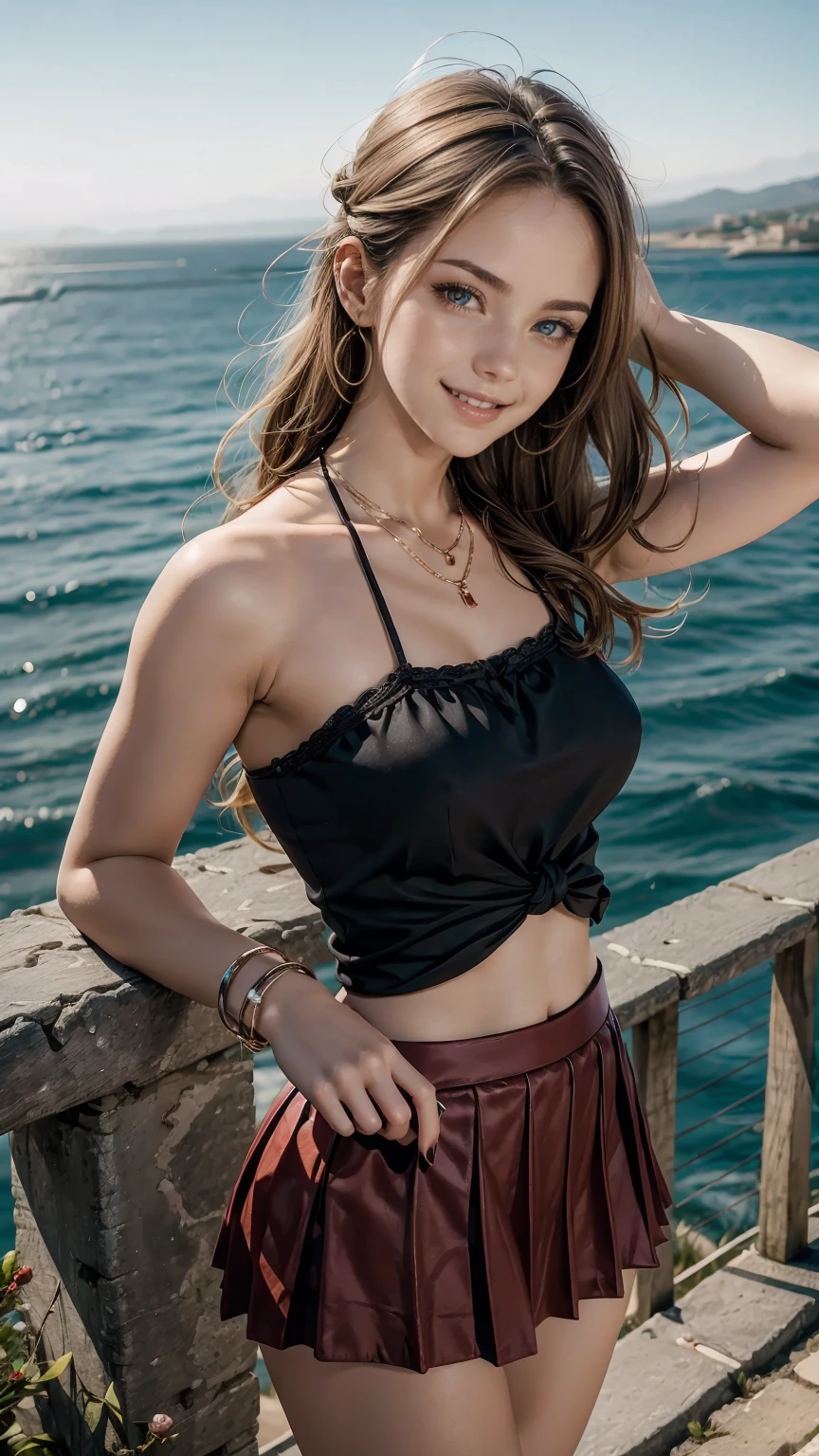 25-year-old Caucasian woman、Hair color is brunette、blue eyes、long hair、my hair is wavy、Hair is tied up、smile、Slender but well-proportioned feminine body、wearing red nail polish、wearing a camisole、I'm wearing a mini-length pleated skirt、Wearing accessories on your wrist、wearing a chain necklace、I'm on a hill above the city overlooking the Aegean coast.、smile、I hold my hair as it blows in the wind