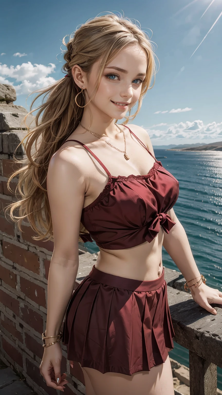 25-year-old Caucasian woman、Hair color is brunette、blue eyes、long hair、my hair is wavy、Hair is tied up、smile、Slender but well-proportioned feminine body、wearing red nail polish、wearing a camisole、I'm wearing a mini-length pleated skirt、Wearing accessories on your wrist、wearing a chain necklace、I'm on a hill above the city overlooking the Aegean coast.、smile、I hold my hair as it blows in the wind