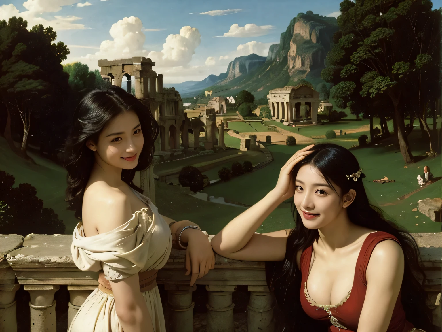 Ancient Roman ruins,Poussin-style landscape,A smile,,Sweet and seductive appearance.、Caravaggio's paintings、Chiaroscuro of Caravaggio、Hair disheveled in the wind,Two women frolicking,Cute smile, Expression of ecstasy,A sexy,Erotic