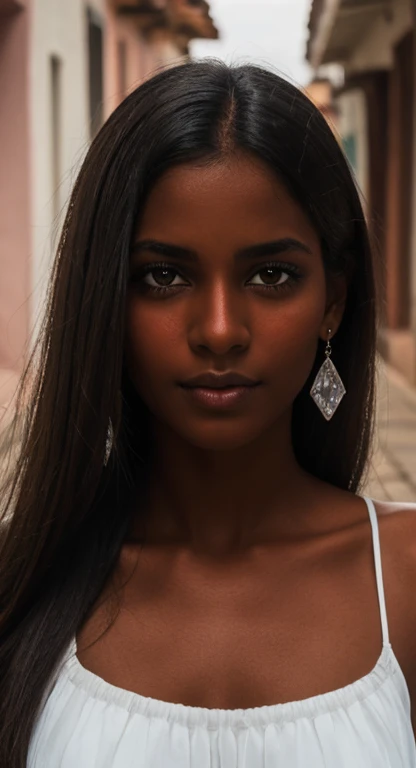dark brown skin, pretty face, straight hair, natural, long hair, ((crystal brown eyes: 1.2)), detailed eyes, beautiful eyes, ((art, Ultra HD, 8k)), depth of field, street in bahia brazil , necklines, focus on eyes, protruding breasts, specific skin, skin texture, sexy shoulders, golden tan, highly specific skin, long eyelashes, black mascara, perfect face ultra quality, best quality, high definition, beautiful woman, perfect, art finished, HD, perfect face, perfect woman, work of art, delicate, dark skin, mulatta, fine feminine features, thin and beautiful nose, perfect, delicate mouth, dark eyes, beautiful detailed and realistic face, black hair, extremely beautiful Brazilian , with a red flower in her hair, dark skin, long, straight hair blowing in the wind, with a red flower in her hair, hair blowing in the wind, a slightly transparent, simple, very short white dress, a short, simple white dress, slightly transparent white dress transparent and a little transparent, standing on a street in Bahia, inspired by the drama (Gabriela Cravo and canela), northeastern Brazil, 1920s street, 1920s, in Bahia, Brazil, beautiful Brazilian mulatta, 1920s, Bahia