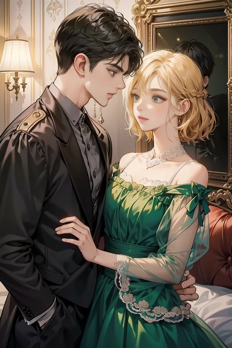 couple, 1 girl、1 boy, Different hair colors, long black bangs and brown eyes,, short blonde hair and green eyes, romance, Brown Suite, Dark blue dress, United Kingdom,  Luxury room background, face to face, romantic