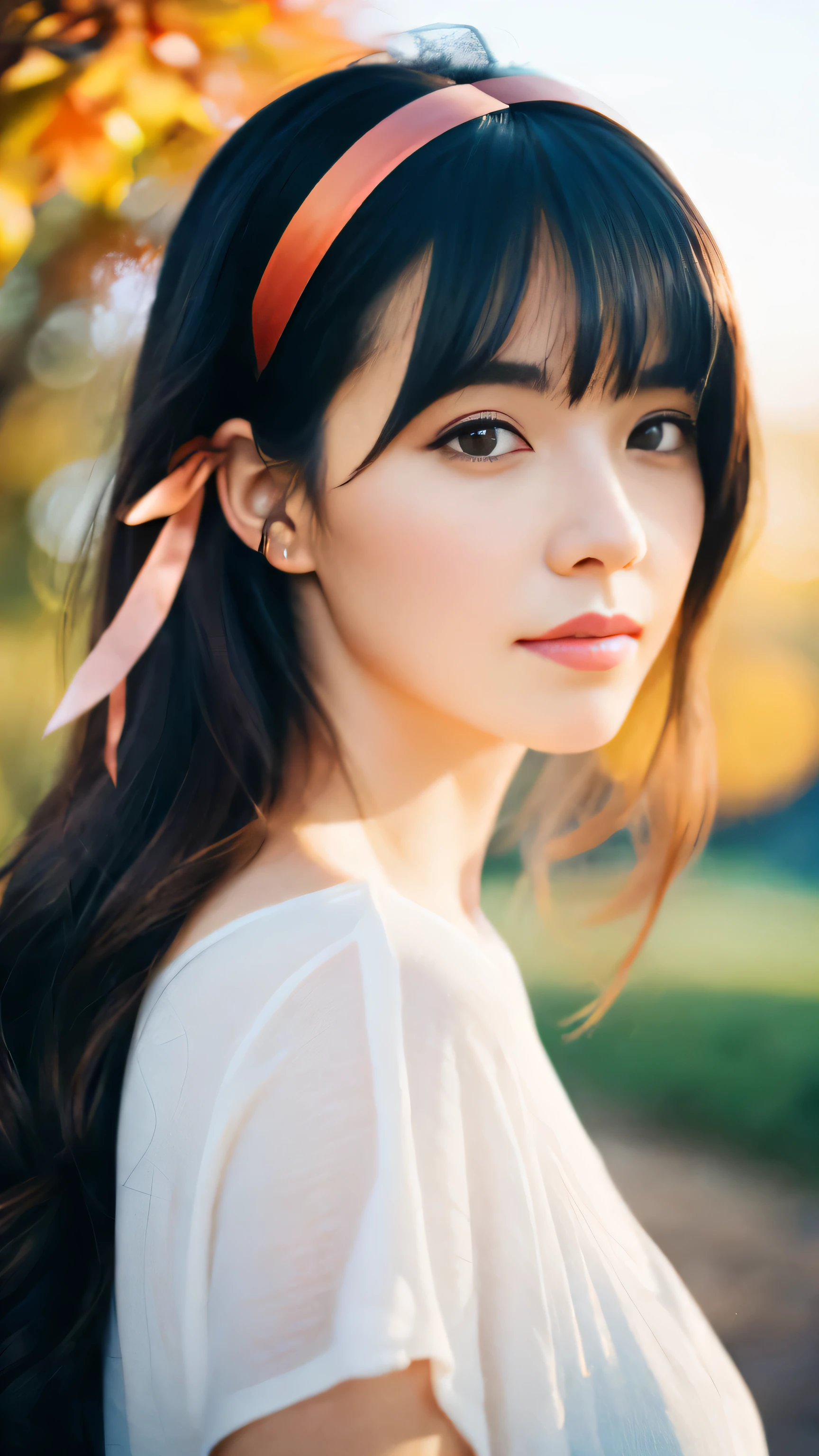 (8k, best quality, masterpiece:1.2),(best quality:1.0), (ultra highres:1.0), watercolor, a beautiful woman, shoulder, hair ribbons, by agnes cecile, half body portrait, extremely luminous bright design, pastel colors, (ink:1.3), autumn lights,