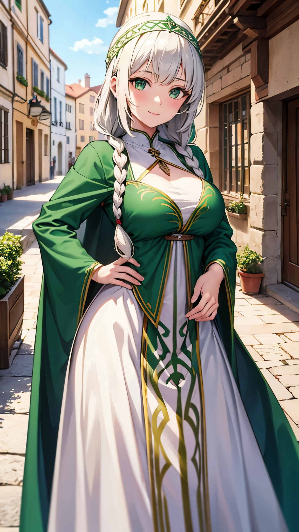 Beautiful 20 yo girl with white braid long hair and green eyes in the europe medieval town use medieval long closed modest dress cloth potrait with sweet smile face, medium breast and ideal body