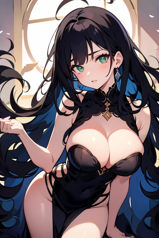 An adult woman, wavy black hair like children, green eyes, thin lips, round face, large breasts, cleavage, wearing a designer dress, beautiful and seductive, Dutch angle