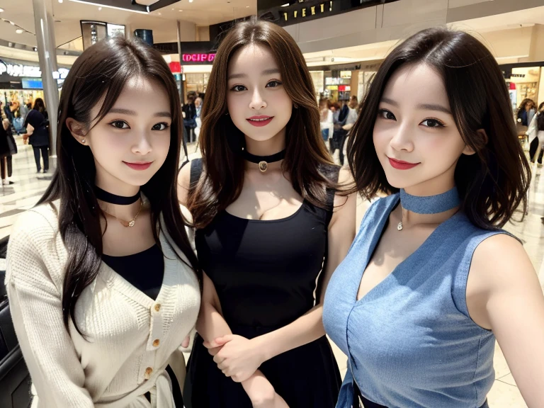 （8K，RAW photos，超高分辨率，best qualtiy，tmasterpiece：1.2），（photorealistic illustration），（Complicated details），Perfect detail face，Detailed eyes，The is very detailed，Blushlush，hair adornments，lipsticks，（Layered_choker necklace：1.2），detailed back ground，photograph of-realistic，Clear focus：1.2，Impeccable+Slim style，（（looking at the camera in））），（（adorable smile）），big breasts beautiful，big breasts beautiful，Beautiful two sisters， a constriction of the waist，beautifullegs，taut skin，Very detailed facial and skin texture，Detailed eyes，二重まぶた，healthy-looking skin，Glossy glossy skin，（Layered Hair Style，Black color hair），Wear a vest，The clothes fit snugly to the body，（messy  hair：1.3），（in mall），（（（Very happy look）），seductive appearance