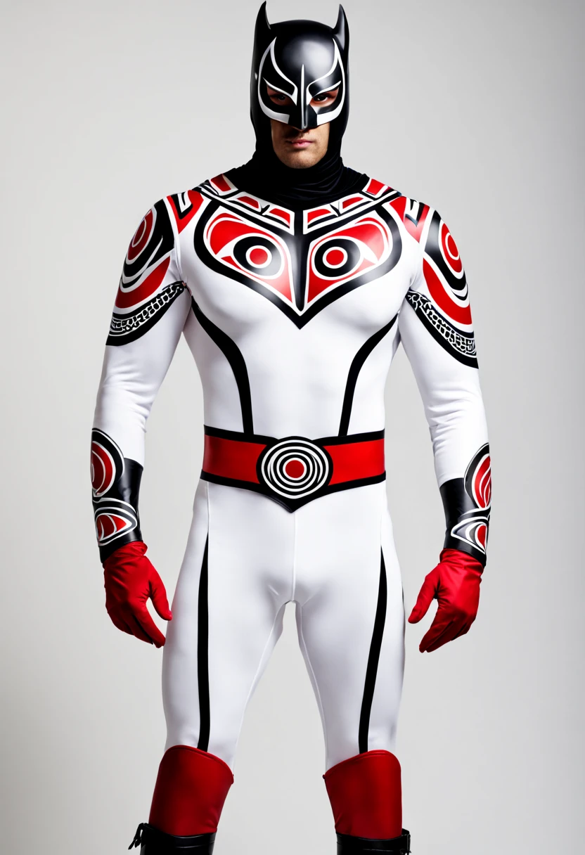 Design a male superhero costume inspired by Haida and Tlingit art, using a color palette of white, red, and black. The costume should feature a sleek black bodysuit with intricate Haida and Tlingit-inspired designs in white and red, including a bold emblem on the chest depicting a traditional long-nosed bird from Haida mythology in red against a white backdrop. 

Accessorize the costume with red gloves and boots, incorporating black and white details. 