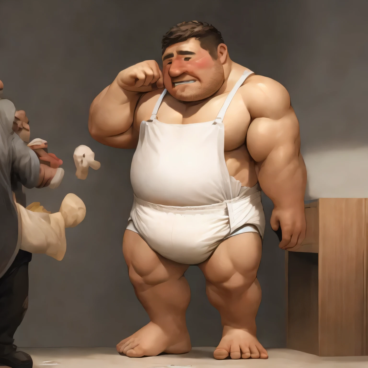 masterpiece,highest quality, At 16K, very detailed, photo-realistic, the fat man is a cruel prisoner, delay, human, 50s, (obesity: 1.0), fatty muscle, bowl leg, he is pressing his heels together, despondency, I was incontinent, 50s, Children check my diaper while standing, There is a small puddle under him, I was incontinent, naked, short legs, bowl leg, spread your legs, 白い布おむつとかわいいDroolかけを着用してください, White diapers, Pampers, nakedのお腹, naked足, naked足, nakedの靴底, 上半身naked, wide forehead and short thin hair, A man with a big face and stubble, naked足, nakedの靴底, shy, sob, embarrassing, bright skin tone, Drool, round face, vapor, alone, She enters a nursery school but is looked down upon by the children., he was surrounded by children, his ass is wet, naked足